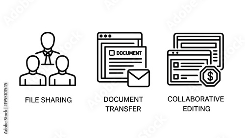 Icons for digital collaboration: group of people for file sharing, document and envelope for transfer, and screens with dollar sign for collaborative editing, representing teamwork and business proces