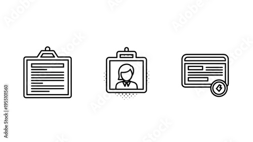 Clipboard, id card and web page icons: clean line art for digital identity, information and online access concepts, black and white