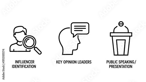 Influencer, key opinion leader and public speaking icons: social media marketing, communication and presentation symbols, magnifying glass