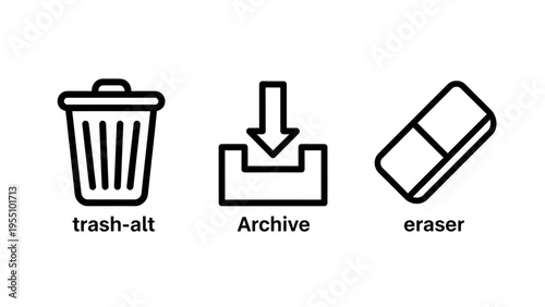 Icons for trash bin, archive download, and eraser tool, representing data deletion, storage, and correction