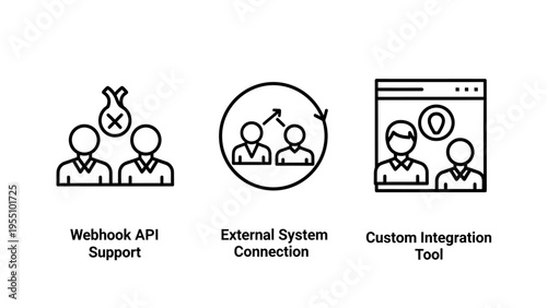 Webhook api support, external system connection, and custom integration tools illustrate data flow automation, software development, and modern digital integration solutions
