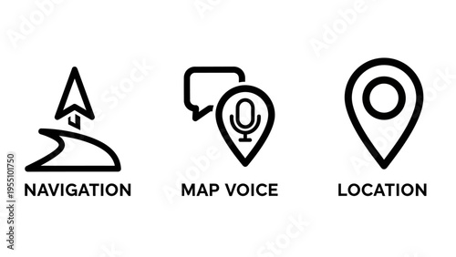 Essential navigation icons showcasing an arrow on a path, a map voice pin, and a location marker, representing gps, travel, and smart mapping technology