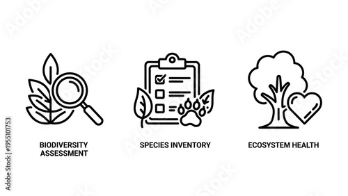 Environmental assessment icons featuring biodiversity, species inventory, and ecosystem health, symbolizing conservation, natural resource management, and ecological sustainability