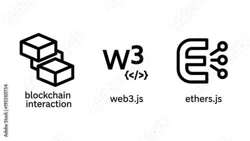 Blockchain interaction and web3 development icons featuring stacked blocks, w3 with code, and a stylized 'e', representing decentralized applications and crypto technology