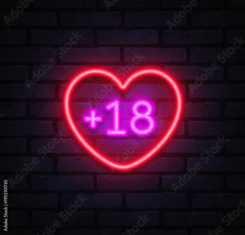Neon heart with plus eighteen sign shining in red and purple. Glowing symbol clearly marks age restriction concept. Suitable for legal warnings, club entry signs