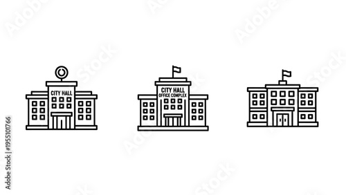 Government building icons: city hall, central building, town hall - representing civic administration, local government, and public service in outline style