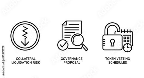 Finance and security icons: collateral liquidation risk, governance proposal, token vesting schedules - representing risk management, investment, and legal compliance in outline style