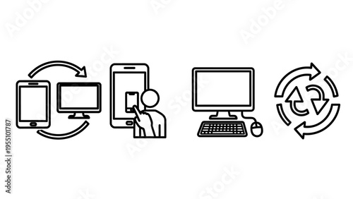 Digital workflow icons: device sync, mobile interaction, computer setup, recycle symbol - representing data transfer, user interface, and process in outline style