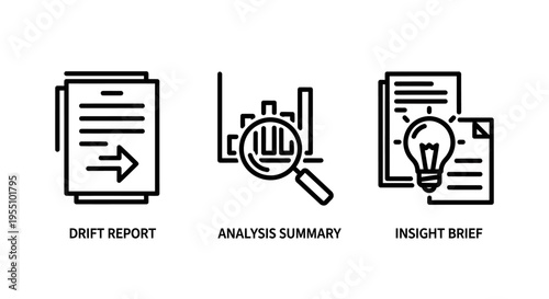 Draft reports, analysis summaries, and insight briefs outline icons for business planning and strategic decision making