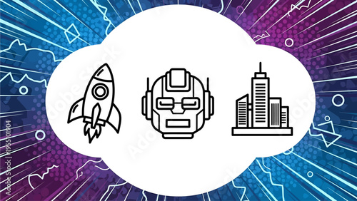 Futuristic cloud computing concept icons: rocket, robot head, and smart city symbols for innovation, AI, and digital transformation
