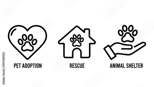 Pet adoption and animal welfare icons: heart with paw, rescue home, and hand offering shelter for loving animals, non profit