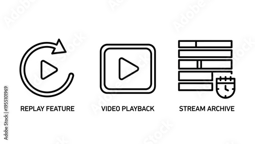 Digital playback, replay feature, and stream archive icon set for online media platforms and user interface designs