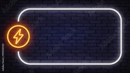 Neon electric lightning icon inside a glowing circle with large light frame. Bright energy symbol on dark brick wall background with copy space.