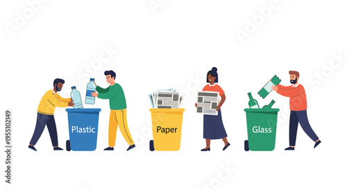 Four people are sorting different types of waste into blue, yellow, and green recycling bins on a clean white background.
