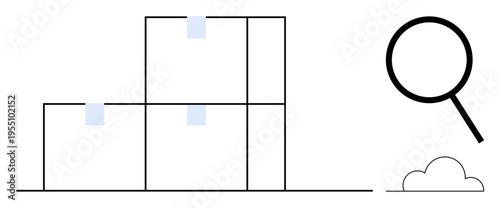 Stacked boxes arranged in a warehouse setting with a magnifying glass suggesting search or inventory check. Ideal for storage, logistics, organization, supply chain, warehouse management, auditing