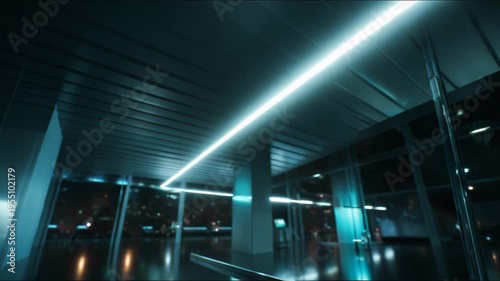 Empty futuristic interior with glowing blue light lines reflecting on a polished dark floor, creating a vibrant abstract bokeh night scene in a modern architectural space