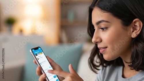 Close-up of a happy woman using her smartphone indoors, smiling while browsing or chatting, representing modern lifestyle and digital communication
