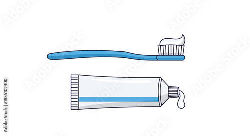 A blue toothbrush with toothpaste on its bristles is placed above a white and blue toothpaste tube with a squeeze of paste on a plain white background.