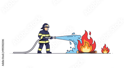 A cartoon firefighter in uniform sprays water from a hose onto a large burning fire with logs, next to a smaller fire on a clean white background.