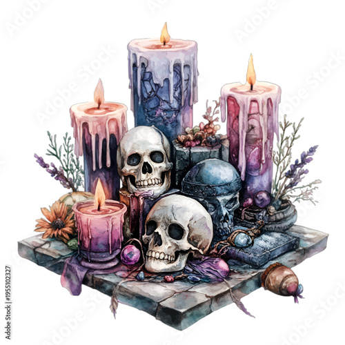 Watercolor gothic altar with skulls melting purple candles and herbs