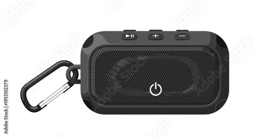 A rugged black portable Bluetooth speaker with a carabiner clip and control buttons is depicted horizontally on a white background.