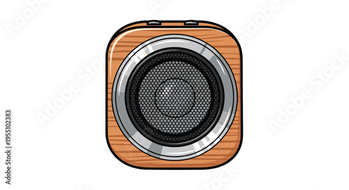 A square, retro-style wooden speaker with rounded corners and a prominent silver grille is centered on a white background.