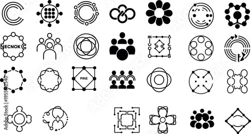 A seamless pattern design featuring a set of black and white flower icons and vector gear mechanism elements including cogs and round wheel symbols for decorative technology illustrations