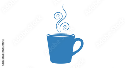 A solid blue mug with a handle emits three stylized, swirling white steam tendrils upwards from its rim.