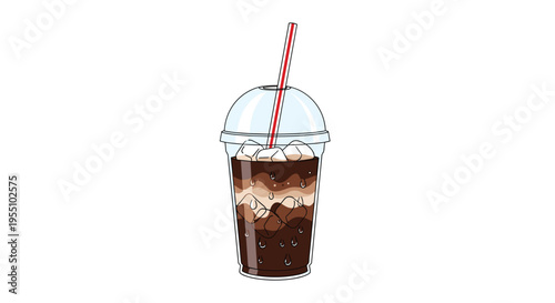 A tall clear plastic cup holds an iced coffee beverage with distinct layers, ice cubes, and a red and white striped straw.