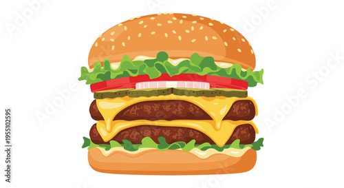 A towering double-patty cheeseburger with lettuce, tomato, and onion is nestled within a sesame seed bun, isolated on a white background.