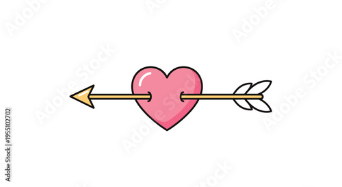 A pink heart is pierced horizontally by a golden arrow with a yellow tip and white fletching on a white background.