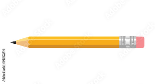 A yellow wooden pencil with a sharpened black tip and a pink eraser is lying horizontally on a white background.