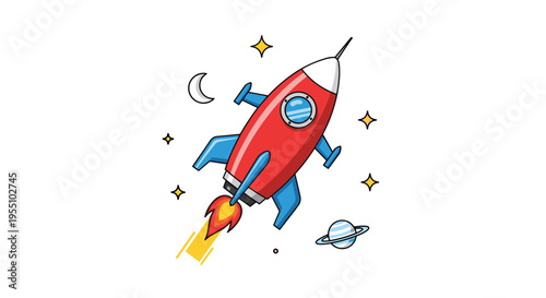 A red and blue rocket is launching upwards through space with stars, a moon, and a ringed planet.