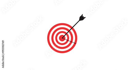 A black arrow is precisely hitting the red and white bullseye of a target on a white background.