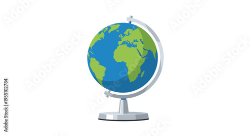 A blue and green globe on a grey stand is isolated on a white background.
