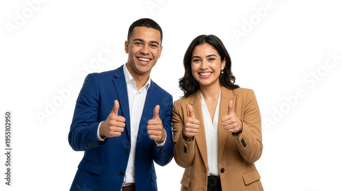 Two smiling business professionals giving thumbs up in formal attire on white background