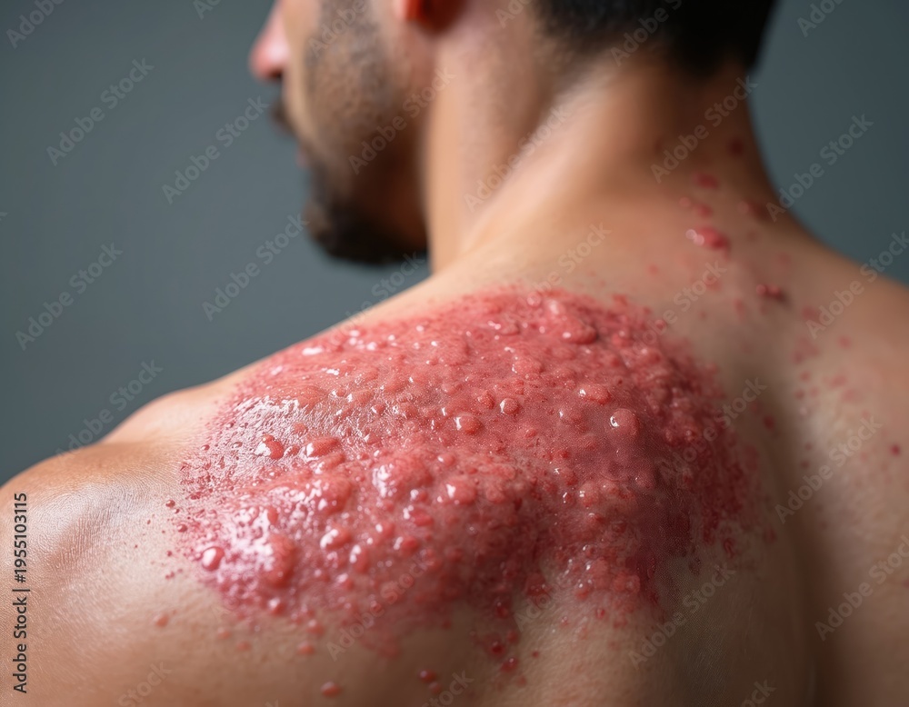 Fototapeta premium Man has shingles rash on his shoulder with red blisters and inflammation. Medical condition affects skin causing pain and discomfort. Dermatology and healthcare concept.