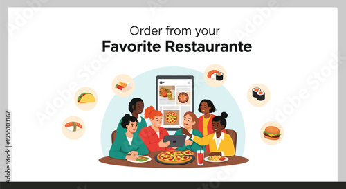 A flat illustration shows a group of people around a table with pizza, looking at a smartphone with a food ordering app, surrounded by food icons, on a light grey background.
