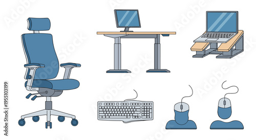 A flat illustration displays office equipment such as an ergonomic chair, an adjustable desk with a monitor, a laptop, a keyboard, and two computer mice on a white background.
