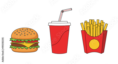 A vector illustration shows a cheeseburger, a red soda cup with a straw, and a carton of french fries arranged horizontally on a white background.