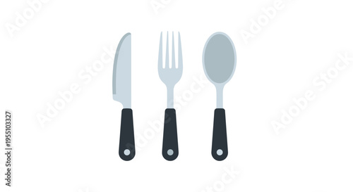 Three common flat-design cutlery items, consisting of a knife, fork, and spoon, are neatly arranged on a clean white background.
