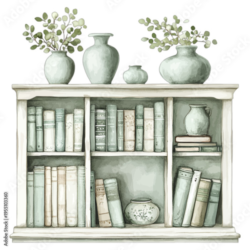 Watercolor white wooden bookshelf with vintage books vases and plants