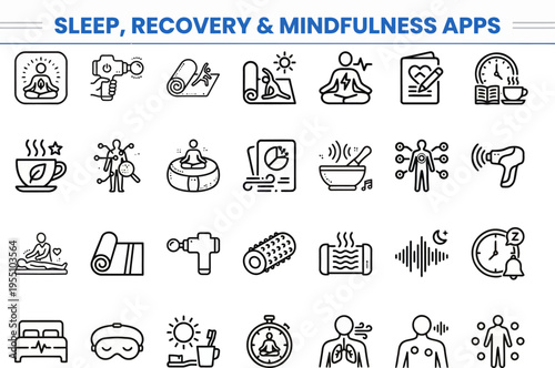 Sleep Recovery Mindfulness App Icon Set 30 Pack - Meditation Relaxation Stress Relief Dream Journal Circadian Rhythm Breathing Exercise Mental Wellness Pixel Perfect Editable Stroke Outline UI Vector