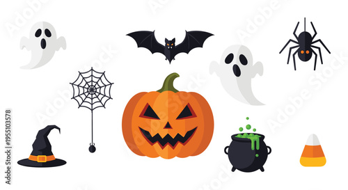 A collection of nine distinct Halloween-themed flat-design elements is spread across a light neutral background.