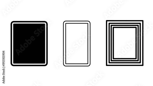 Minimalist vector shapes set with black square, outline rectangle, and nested borders for graphic design elements