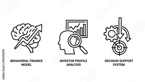 Investment and market analysis icons: behavioral finance model, investor profile, decision support