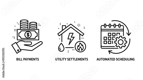 Home financial management line icons: bill payments, utility settlements, and automated scheduling