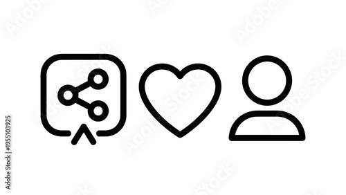 Social media interaction vector icons set with share, like, and user profile symbols for digital communication