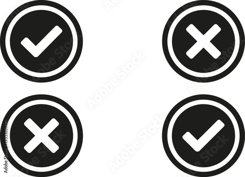 Vector graphic illustration of checkmark and cross icons in black and white, with two checkmarks and two crosses in circular design elements.