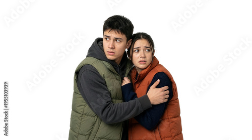 Young couple embracing man and woman in winter clothing affectionate pose studio portrait